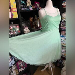 Unique Vintage mint green dress with Swiss dot overlay very stretchy